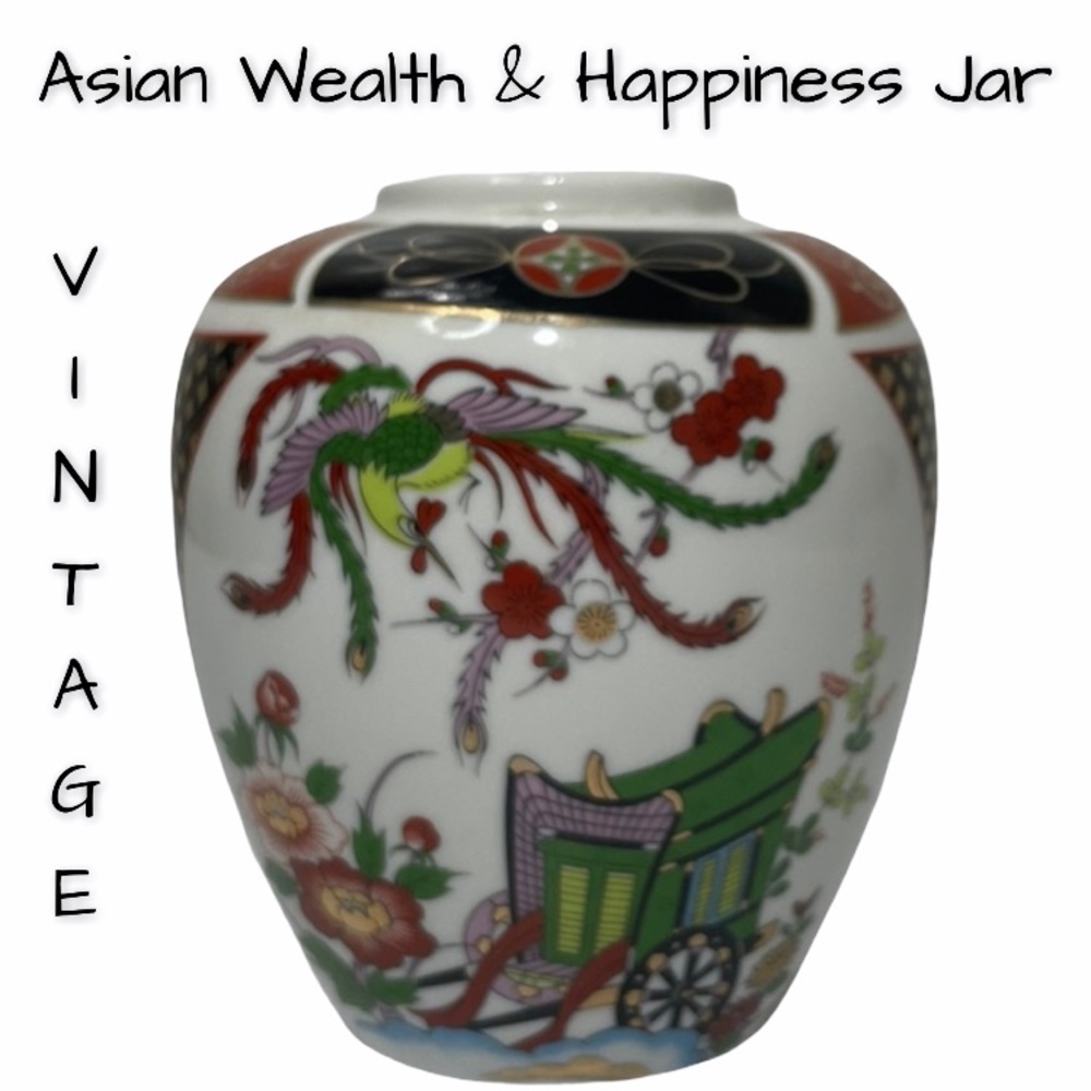 Vintage Vase Wealth Happiness & Health Handpainted Floral Ginger Jar Asian Art - Picture 13 of 15